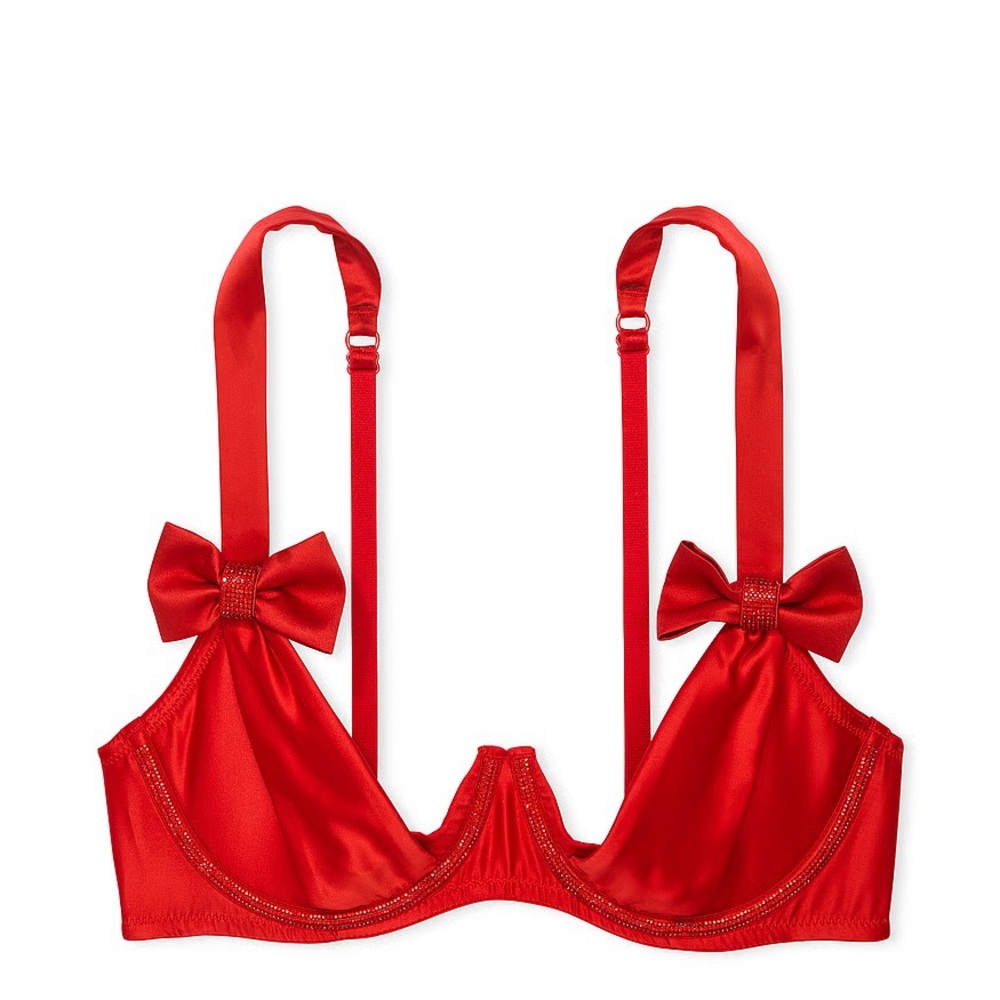 NWT  Victoria’s Secret Wicked Twinkle Bows Satin Open-Cup Balconette Bra 34DD